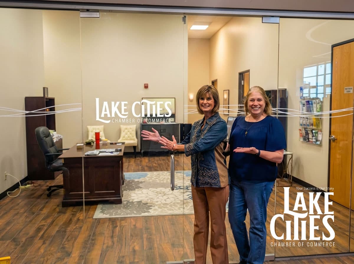 The Lake Cities Chamber of Commerce office with its rebranded glass signage