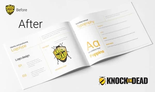 Knock Em Dead Pest Control brand guidelines book showing logo system and typography