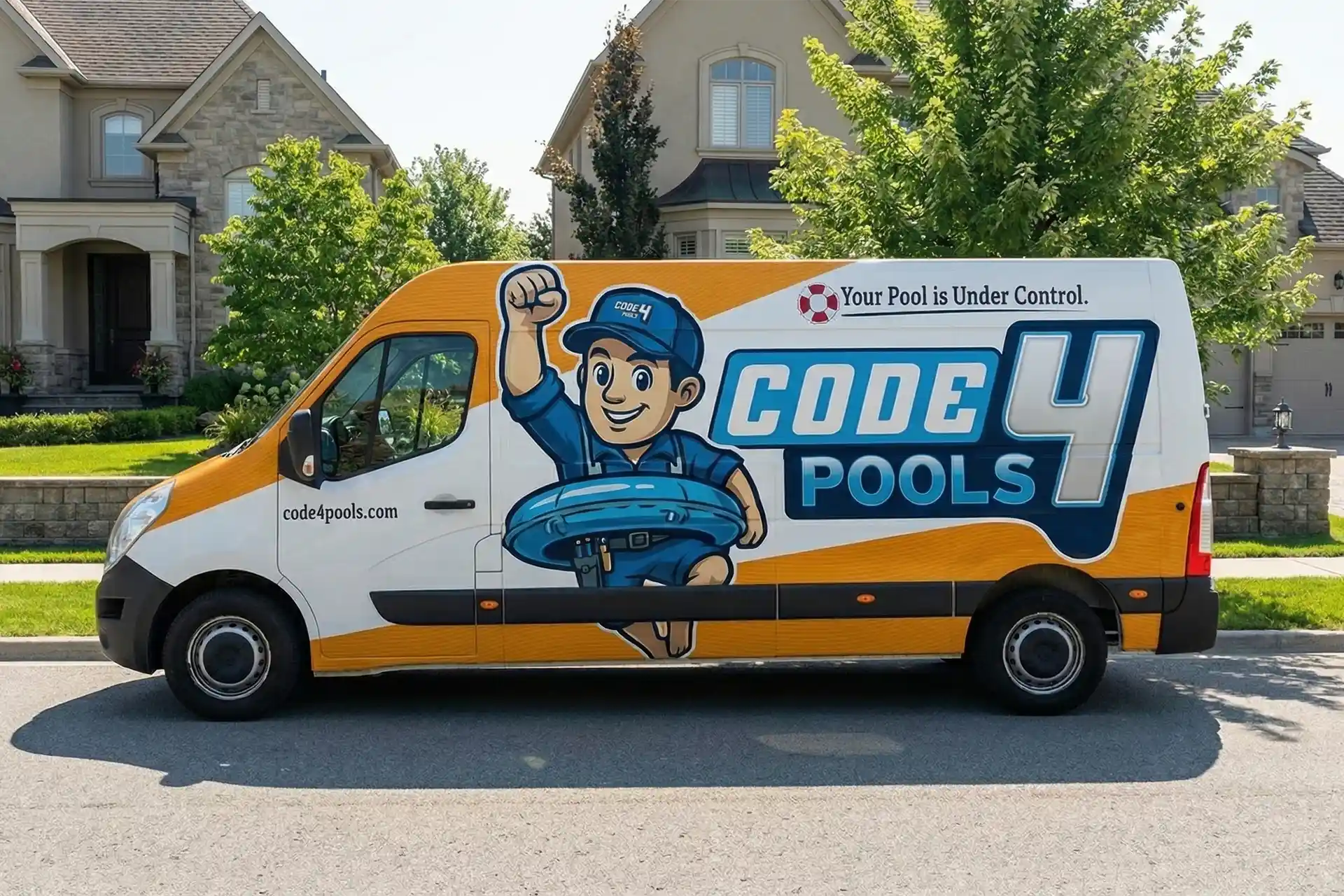 Wrapped commercial trucks visible in a North Texas neighborhood, showing real-world fleet branding at road speed
