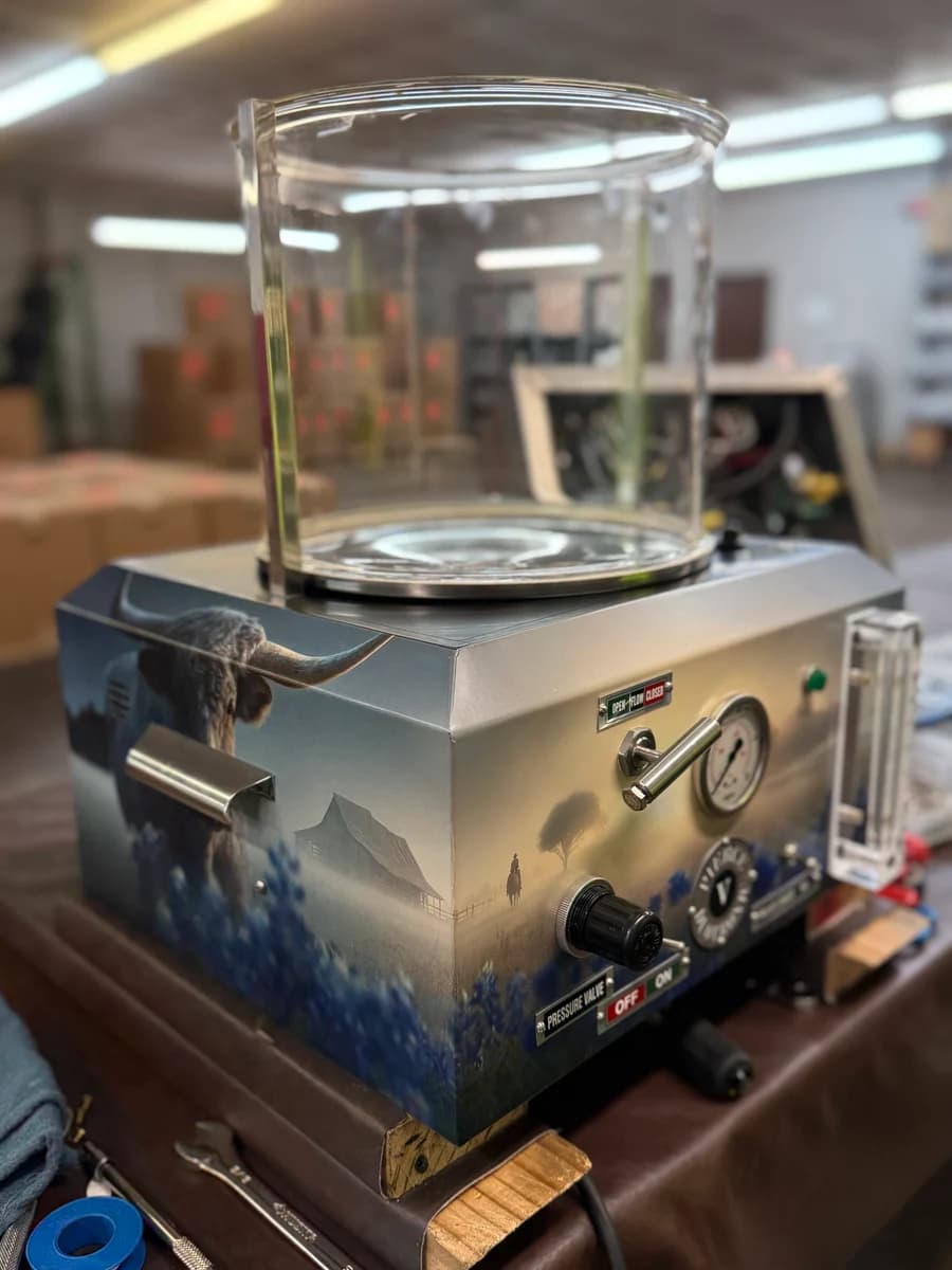 Embalming machine wrap — side angle showing Texas bluebonnet and longhorn landscape by WrapMasters