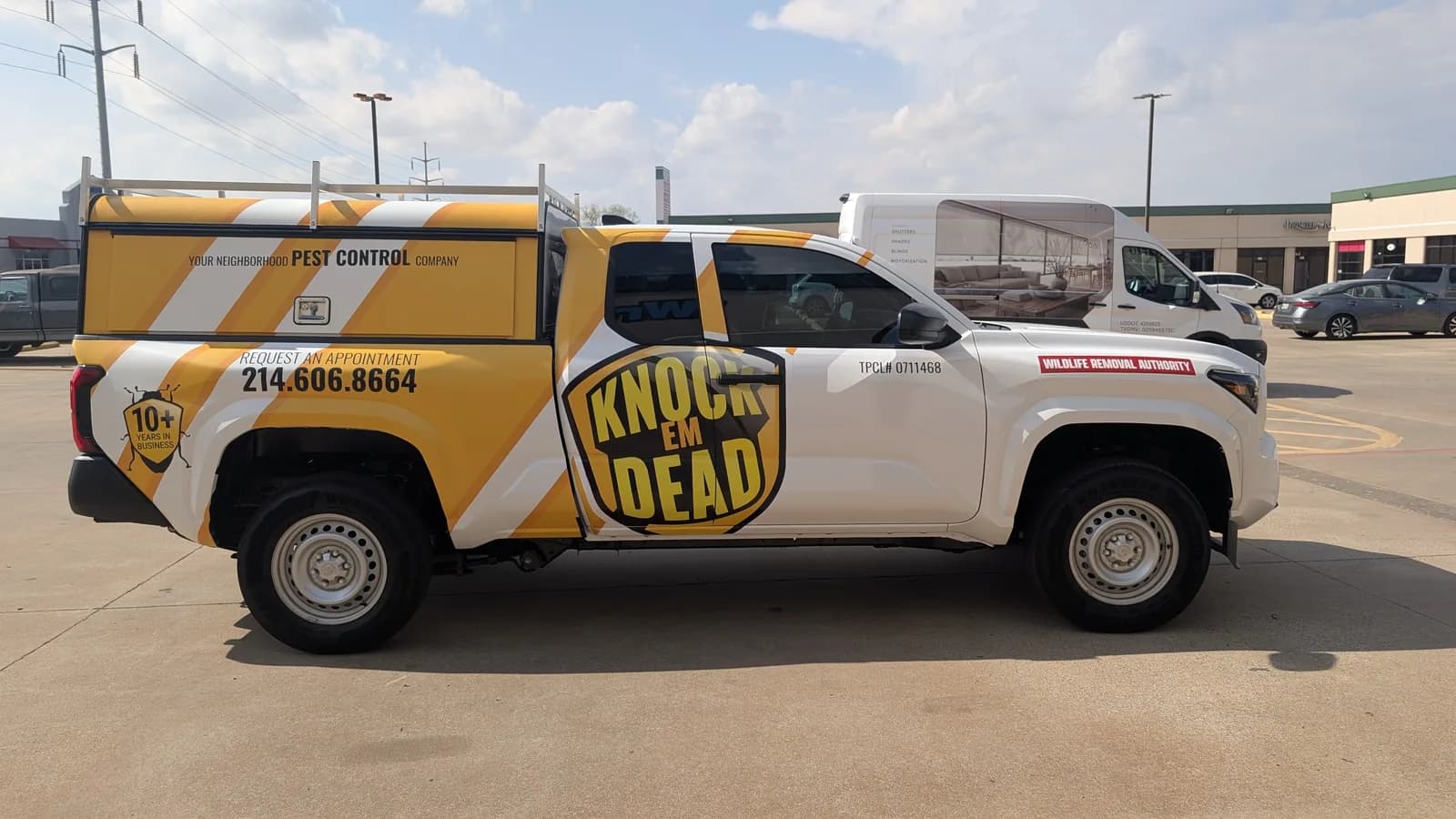 Knock Em Dead Pest Control truck wrap with the company name dominant and pest control stated on the shell