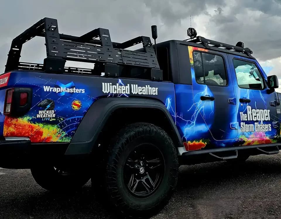 Wrapped Jeep Gladiator for a storm chaser by WrapMasters