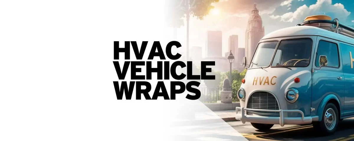 Illustration of a retro-styled HVAC van in front of a city skyline, with the words HVAC Vehicle Wraps