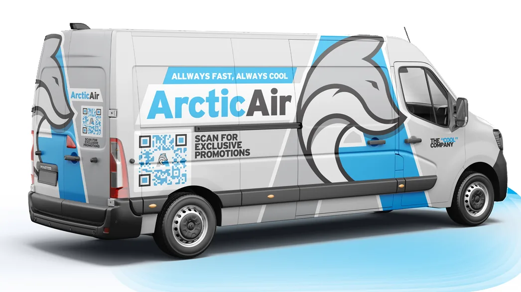 The Arctic Air rebrand by WrapMasters on a Ram ProMaster: the name in heavy letters, a polar bear mascot, and large light blue shapes on white