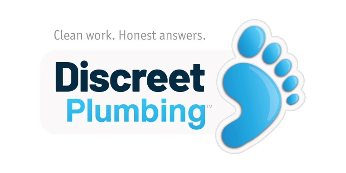 The new Discreet Plumbing logo by WrapMasters: the name set large in navy and sky blue, a blue footprint mark, and the line Clean work. Honest answers.
