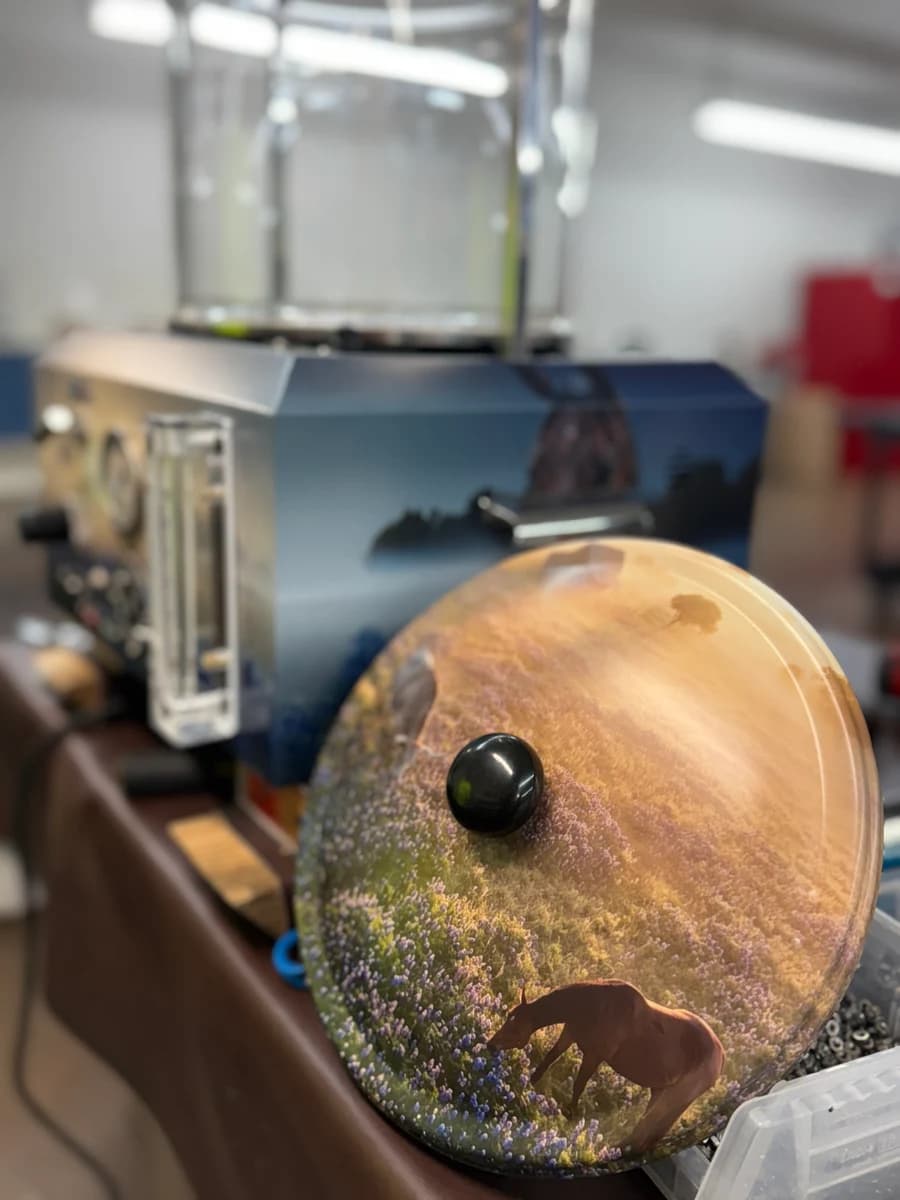 Embalming machine wrap, curved lid detail with Texas wildflower and longhorn design