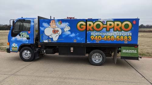 Gro-Pro lawn treatment truck wrap rear view by WrapMasters