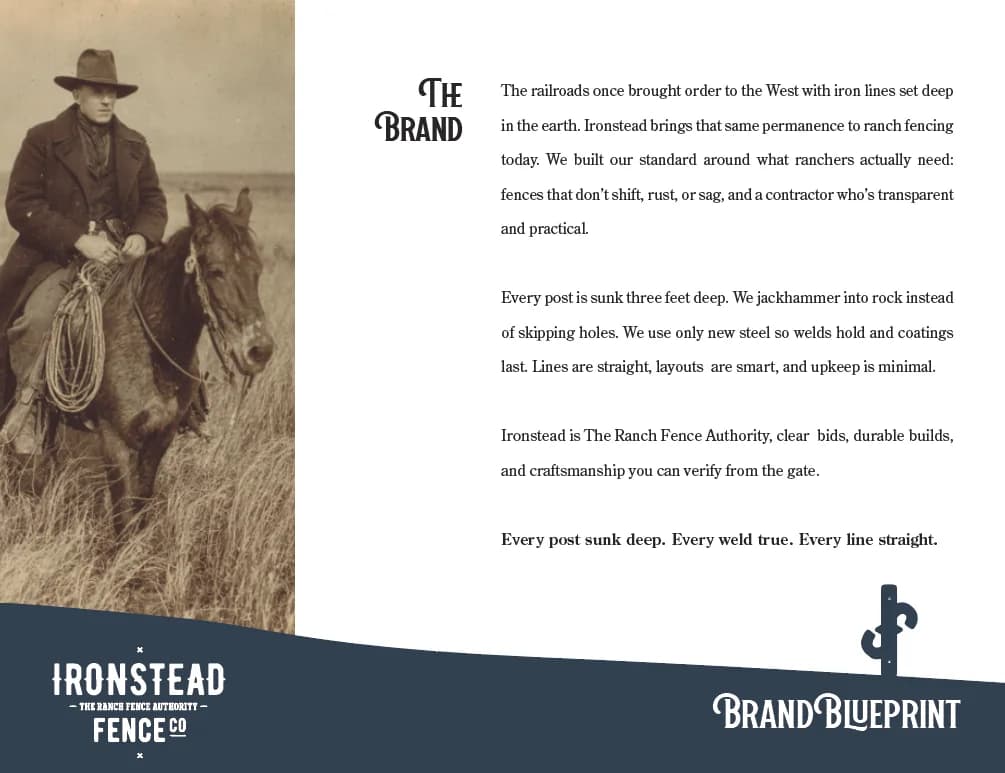 Ironstead BrandBlueprint brand page: Every post sunk deep. Every weld true. Every line straight.