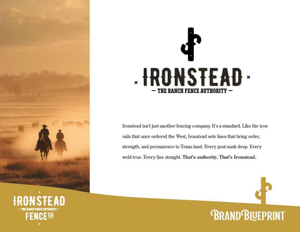 Ironstead BrandBlueprint page: the logo, The Ranch Fence Authority, and the brand statement