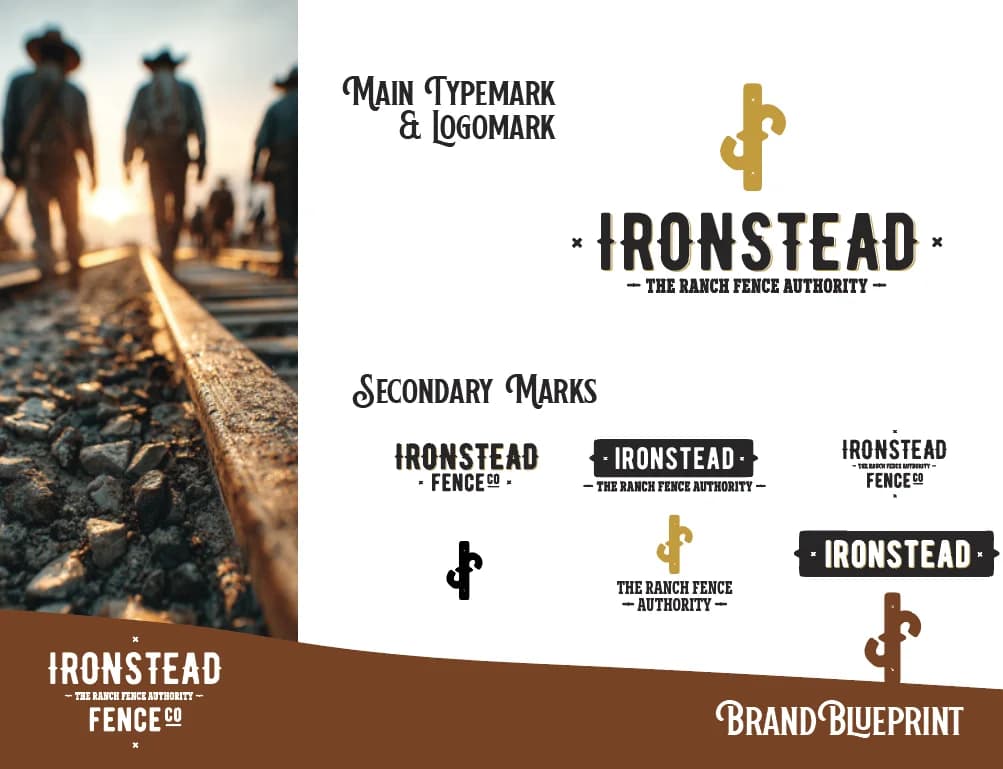 Ironstead BrandBlueprint identity page: the main typemark and logomark with six secondary marks