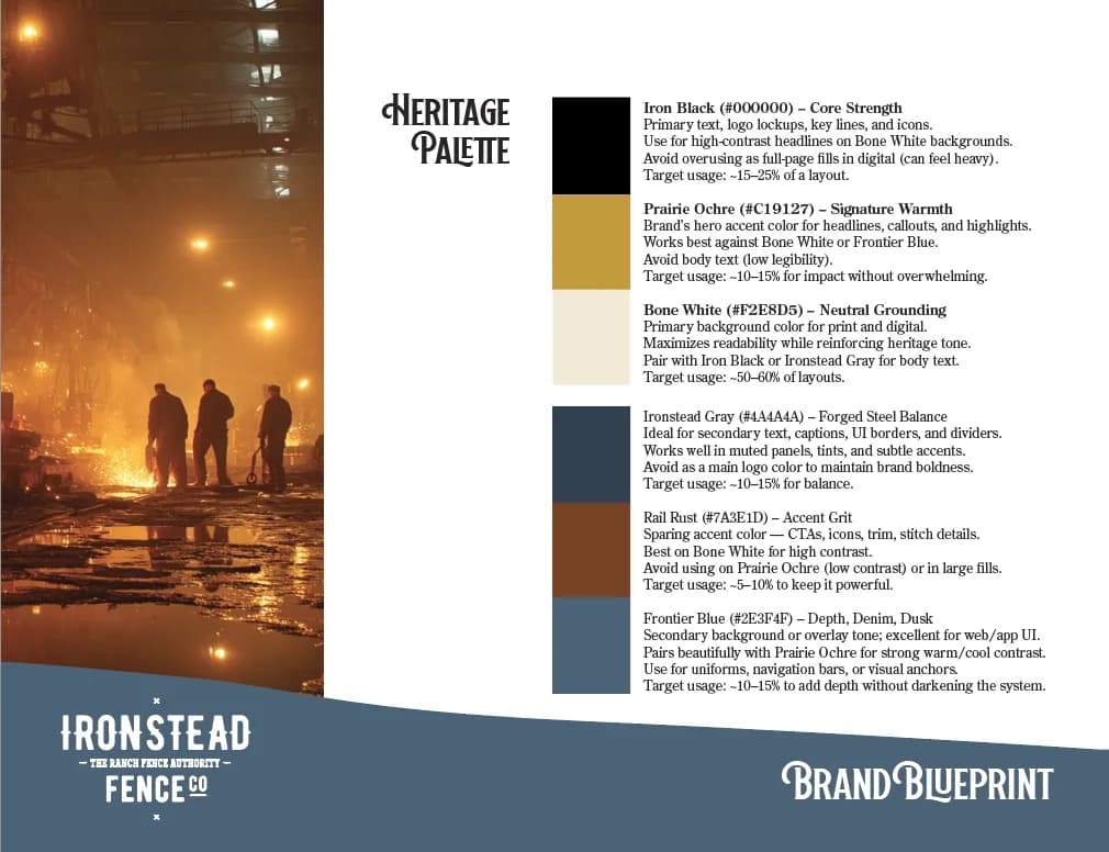 Ironstead BrandBlueprint heritage palette: Iron Black, Prairie Ochre, Bone White, Ironstead Gray, Rail Rust, and Frontier Blue with usage rules