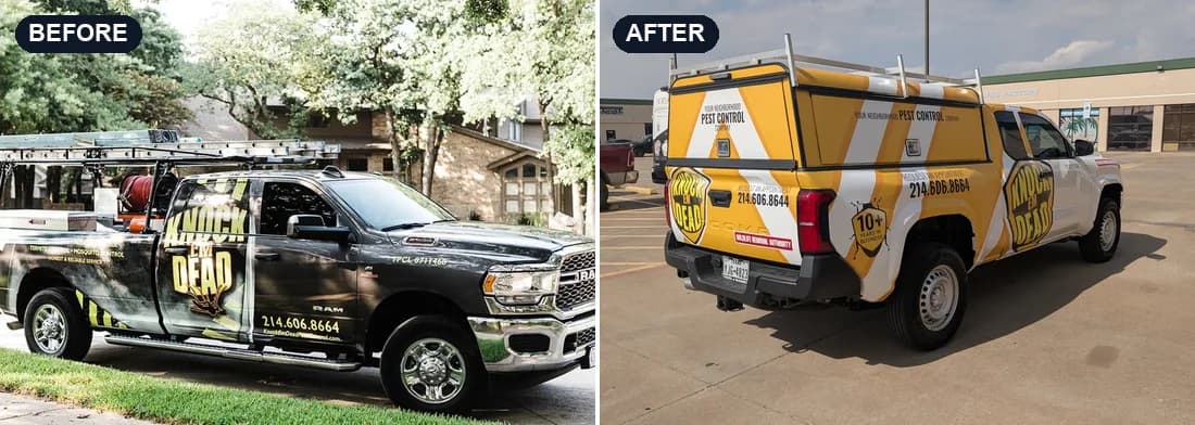 Side-by-side comparison of Knock Em Dead Pest Control before and after the redesign, distressed original next to the high-contrast rebuild