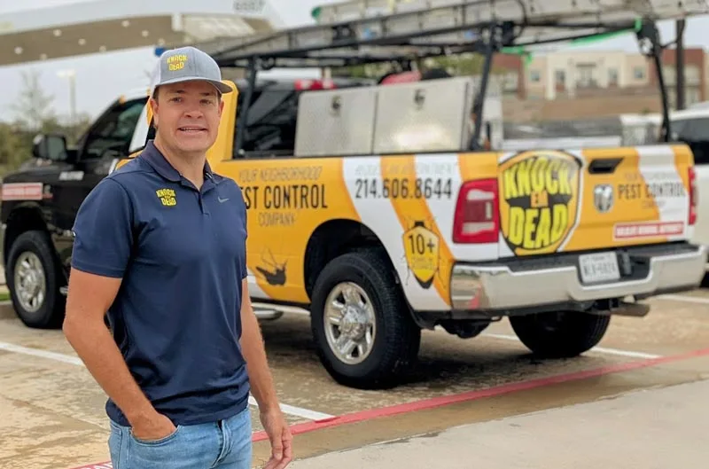 Tucker Epsy, owner of Knock Em Dead Pest Control, with a Ram in the same fleet wrap