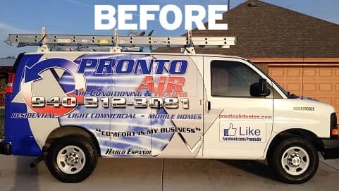 Pronto Air's earlier HVAC van, with the name and a chrome-style phone number printed over a sky and cloud photo, and a Facebook Like badge on the rear panel