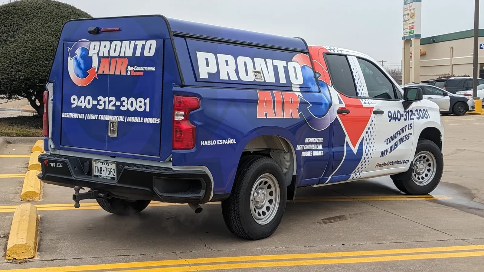 Pronto Air HVAC truck wrap rear view with the phone number on the shell, by WrapMasters