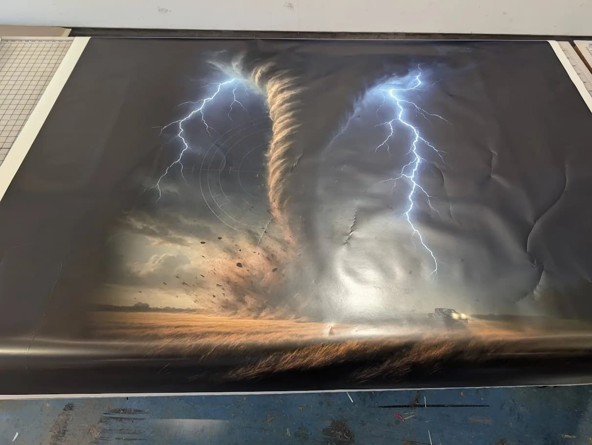 The tornado and lightning hood panel for The Reaper Storm Chasers, fresh off the WrapMasters printer