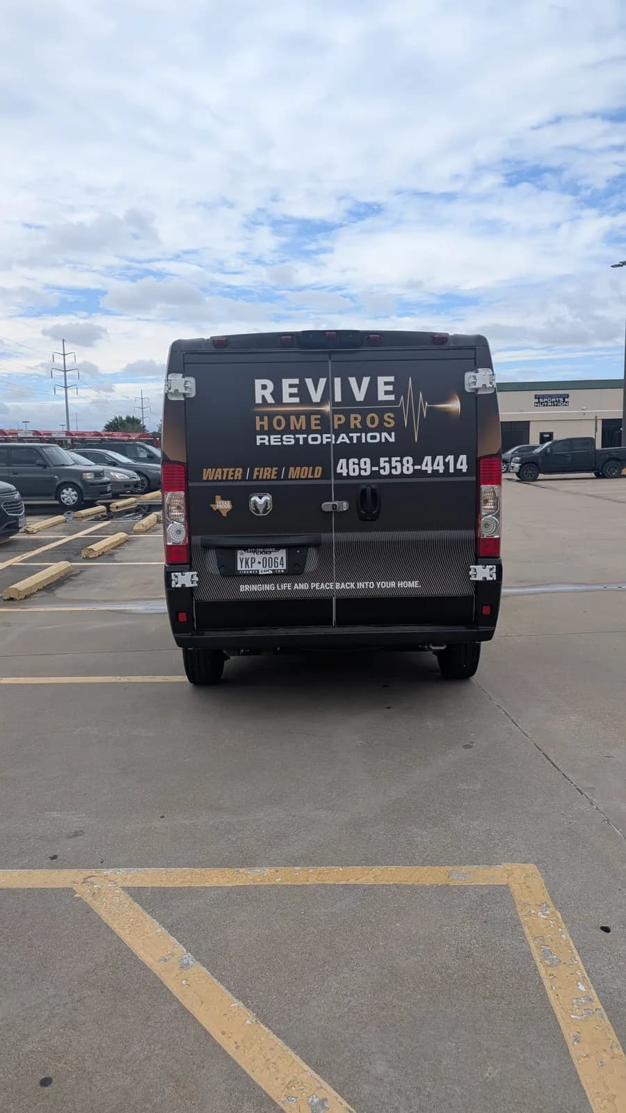 Revive Home Pros van rear doors: name, Water, Fire, Mold, and the phone number