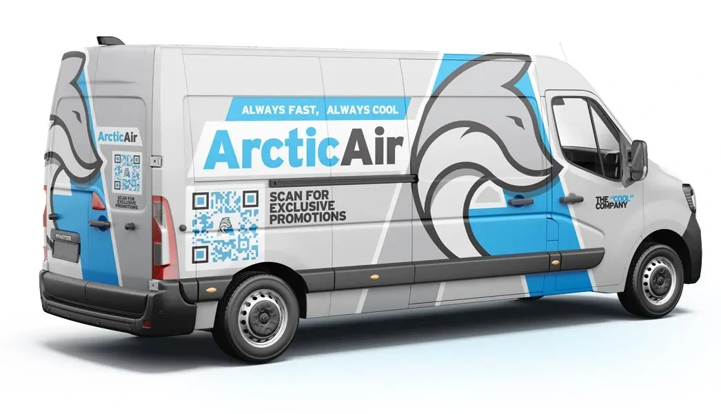 An illustrative redesign of the made-up HVAC van, with a bold logo, a short tagline and a QR code