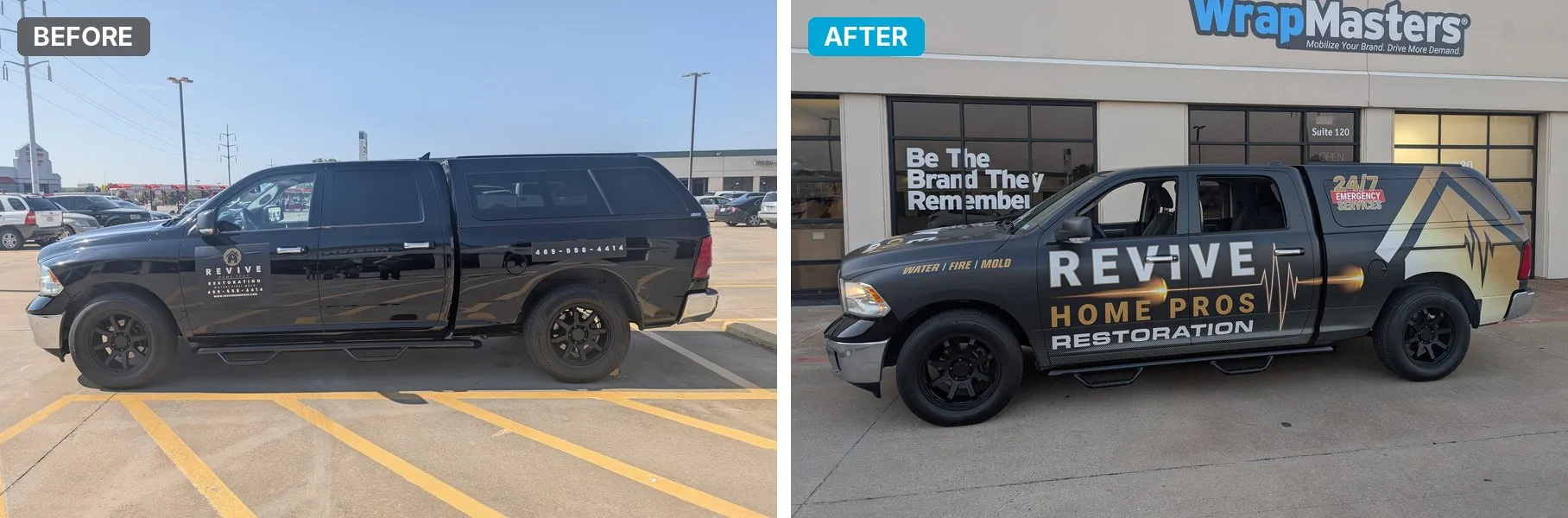 Revive Home Pros Restoration pickup before and after its wrap: a small door logo on a black truck, then the company name in large letters across the whole side
