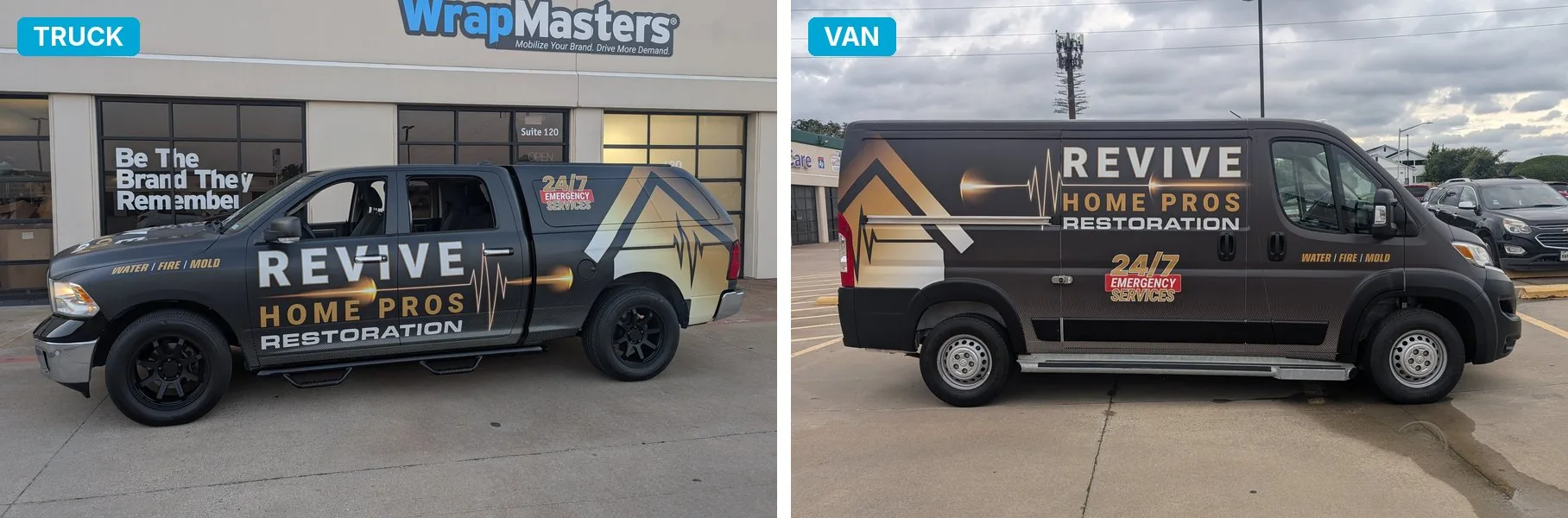 Revive Home Pros Restoration pickup and cargo van wrapped in the same black and gold design with the same name layout