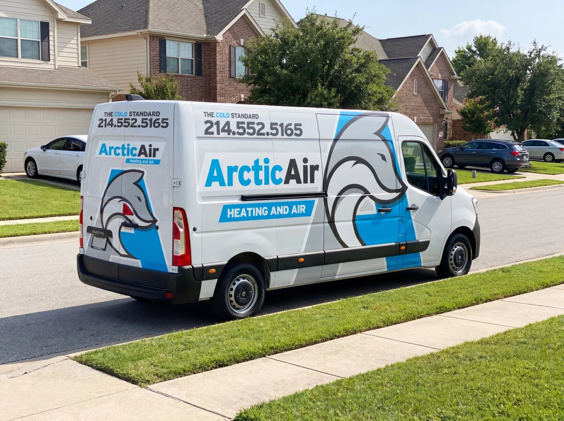 Rebranded Arctic Air van with the company name dominant, HEATING AND AIR in a clear band, and THE COLD STANDARD above the phone number