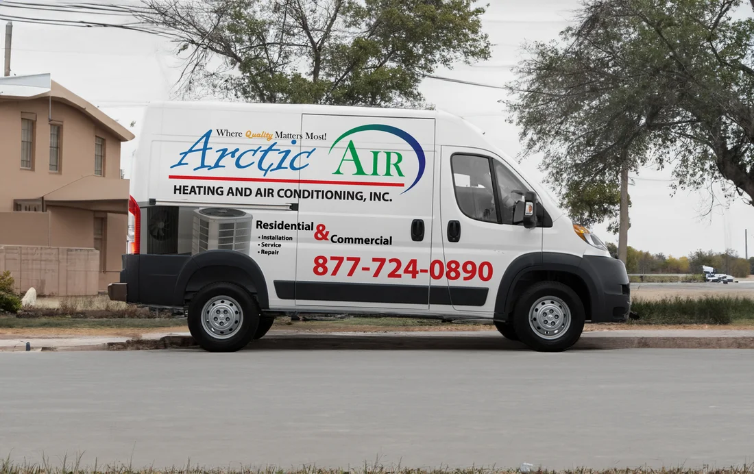 Older Arctic Air van with a script logo, the tagline Where Quality Matters Most, a services list, and a photo of an air conditioning unit competing for attention